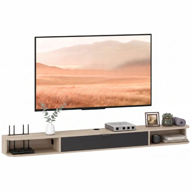 sogiol Zwevend TV-Meubel Houtlook voor TV tot 75 Inch - tiroir rabattable 2 étagères 180x24x16cm bois naturel