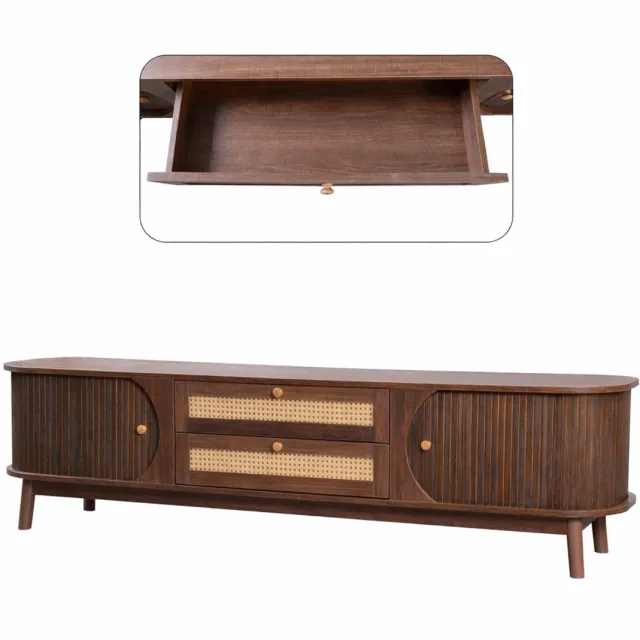 Sello! tv meubel – tv kast – natuurlijke materialen – Japandi – schuifdeuren – lades – L39.5 x B170 x H46 cm – donker hout donker bruin