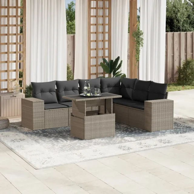 vidaXL 7-delige Loungeset met kussens poly rattan lichtgrijs grijs, foto 2