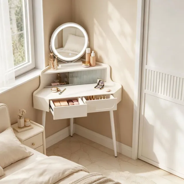 HAUSS SPOLE Kaptafel - Hoekmodel Met Dimbare Ronde Spiegel En 2 Lades - Voor Kleine Slaapkamer En Kleedruimte - Wit MDF Metaal 90x63x139 Cm
