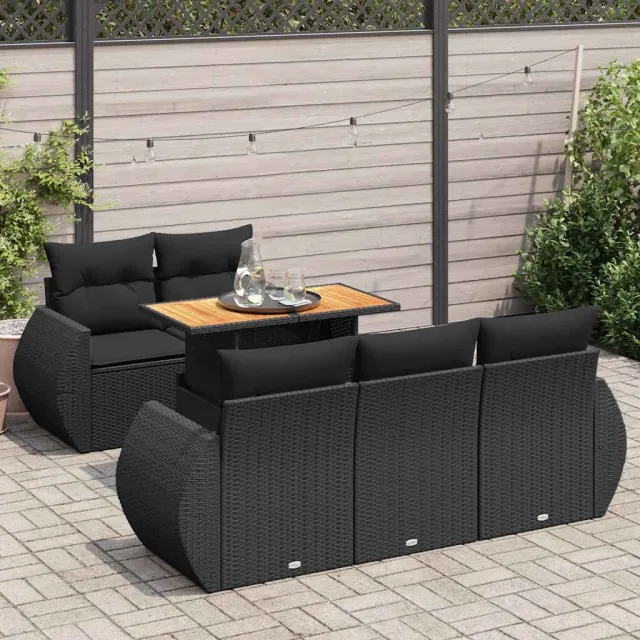 vidaXL 6-delige Loungeset met kussens poly rattan zwart, foto 2