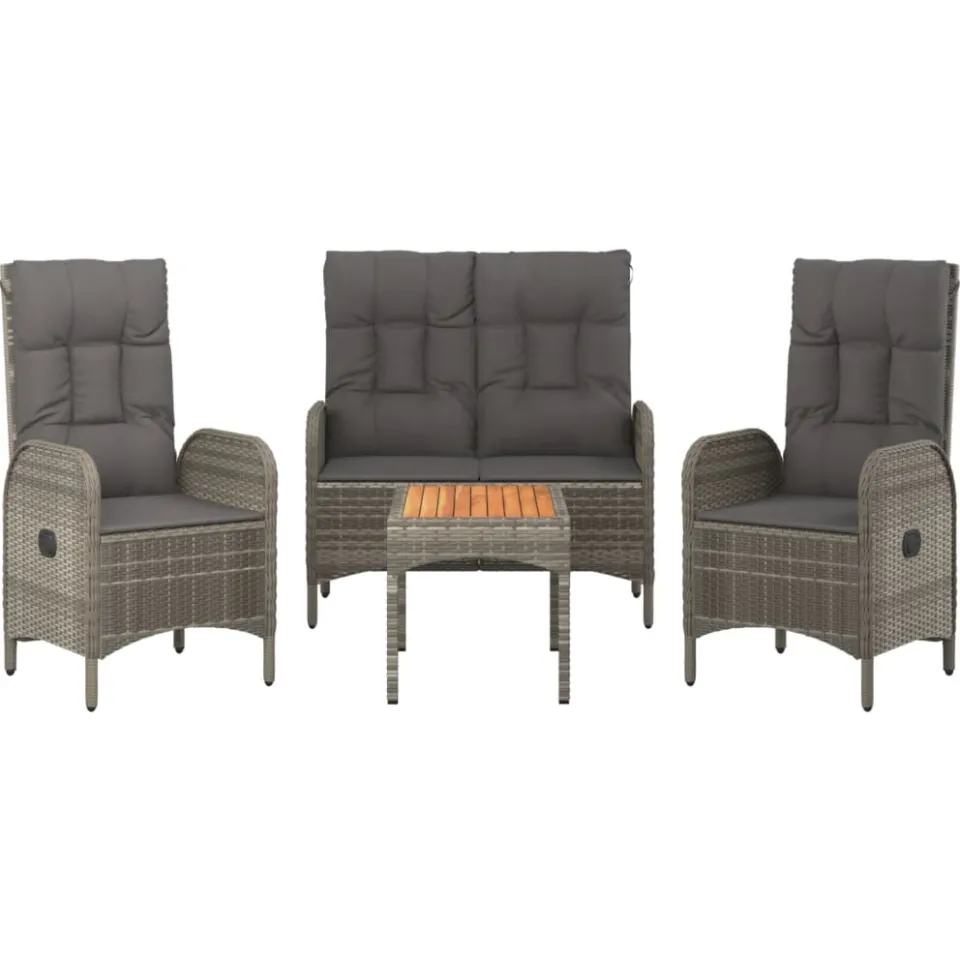 vidaXL 4-delige Tuinset met kussens poly rattan grijs