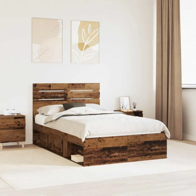 vidaXL Bedframe met hoofdeinde Oudhout 135 x 190 cm Massief grenenhout Bruin