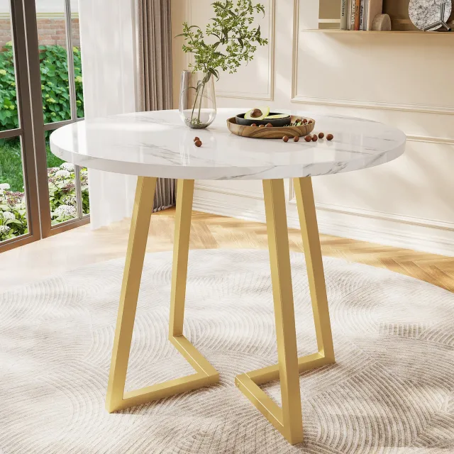 CHICFURN Eettafel - Marmerlook - Metalen onderstel - Wit/goud