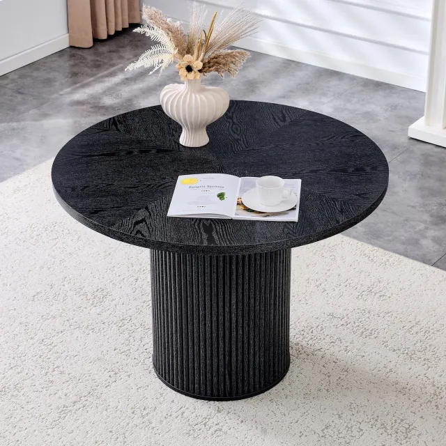 FloraGrace Eettafel - Rond voor 4 tot 6 Personen - Cilindervormige Voet voor Eethoek en Keuken - MDF in Zwarte Houtlook - 100 x 76 cm