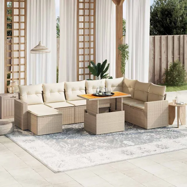 vidaXL 9-delige Loungeset met kussens poly rattan beige, foto 2