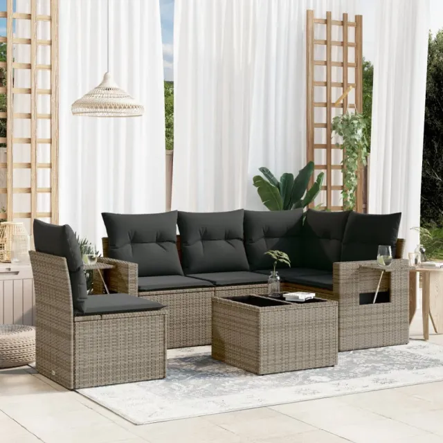 vidaXL 6-delige Loungeset met kussens poly rattan grijs, foto 2
