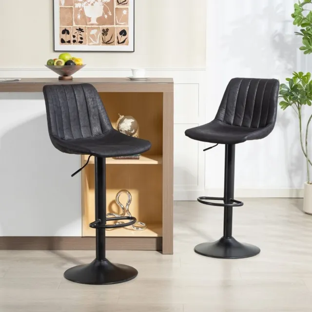 STILVORA Barkruk Set van 2 - Retrodesign - Hoogteverstelbaar met Gaslift & Voetsteun - Met Hoge Rugleuning - Microvezel Zwart