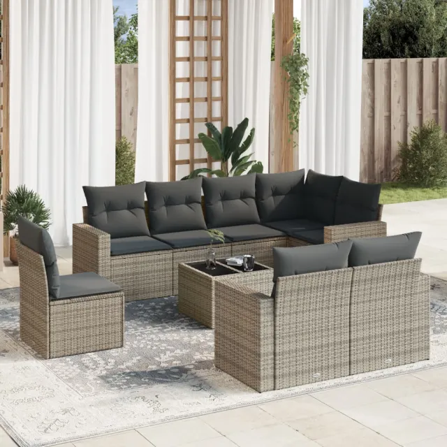 vidaXL 9-delige Loungeset met kussens poly rattan grijs, foto 2