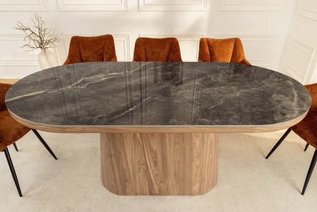 Invicta Interior Ovale eettafel UNIQUE 200cm Grijsbruin Keramiek Walnoot Kolomvoet - 46380 Zie omschrijving