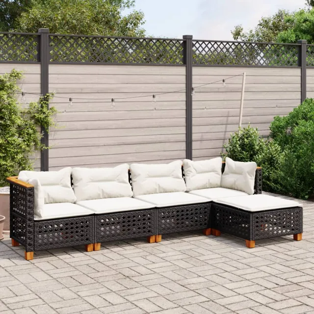vidaXL 5-delige Loungeset met kussens poly rattan zwart, foto 2