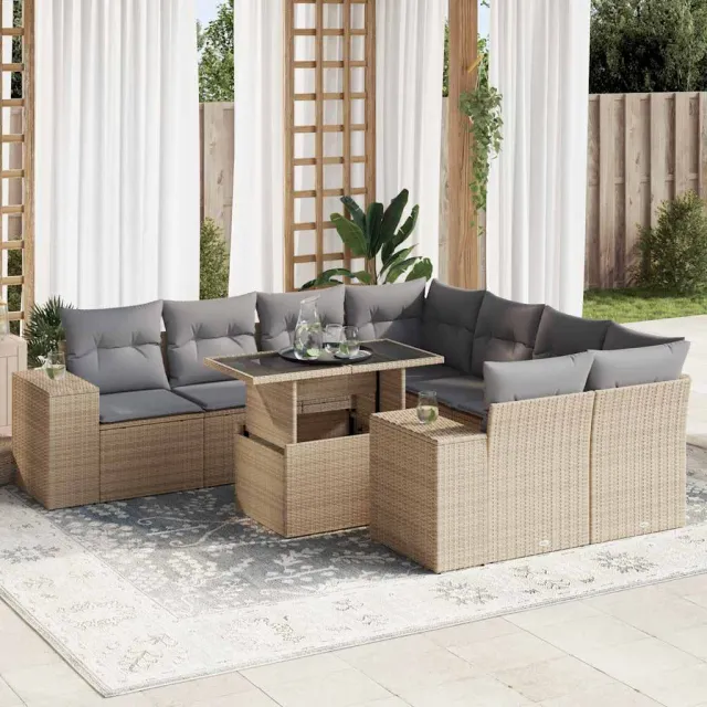 vidaXL 9-delige Loungeset met kussens poly rattan beige, foto 2