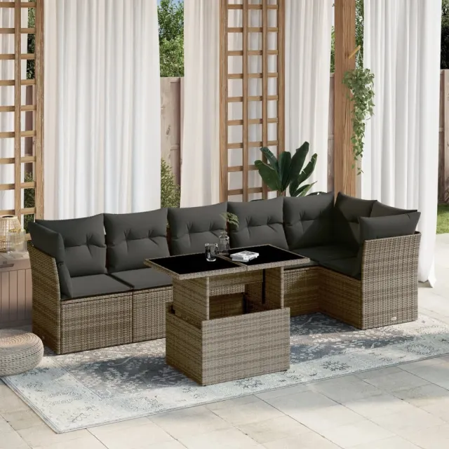 vidaXL 7-delige Loungeset met kussens poly rattan grijs, foto 2