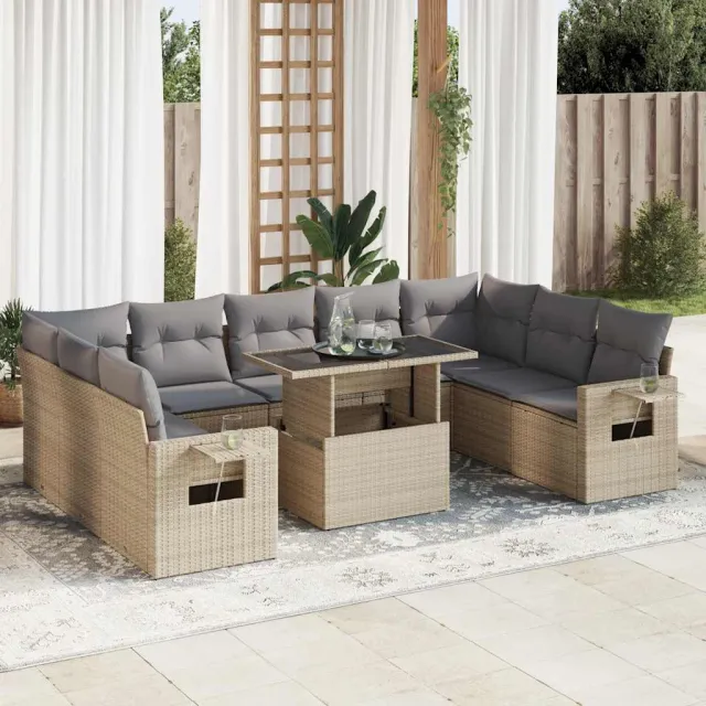 vidaXL 10-delige Loungeset met kussens poly rattan beige, foto 2