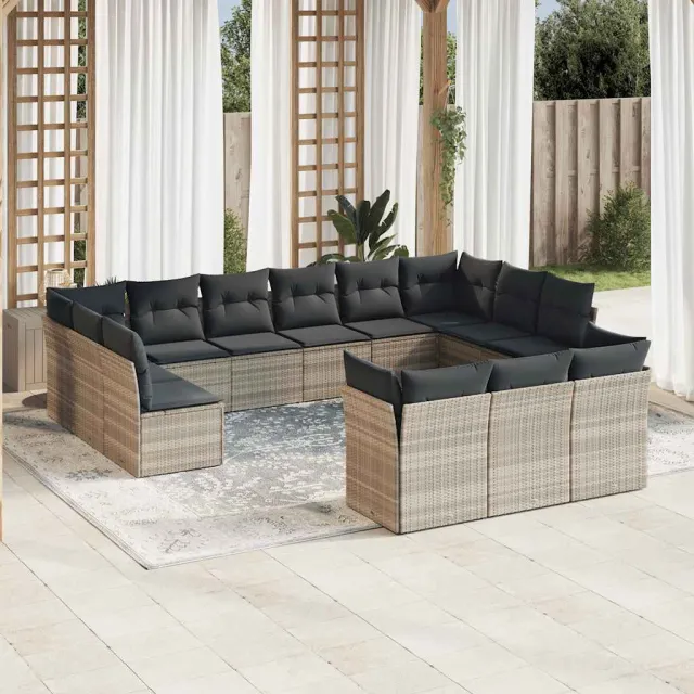 vidaXL 13-delige Loungeset met kussens poly rattan lichtgrijs grijs, foto 2