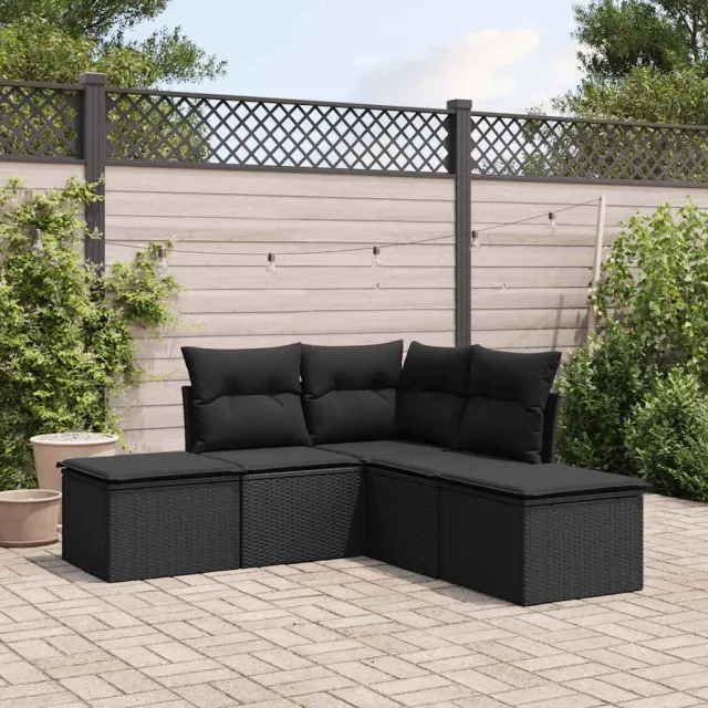 vidaXL 5-delige Loungeset met kussens poly rattan zwart, foto 2