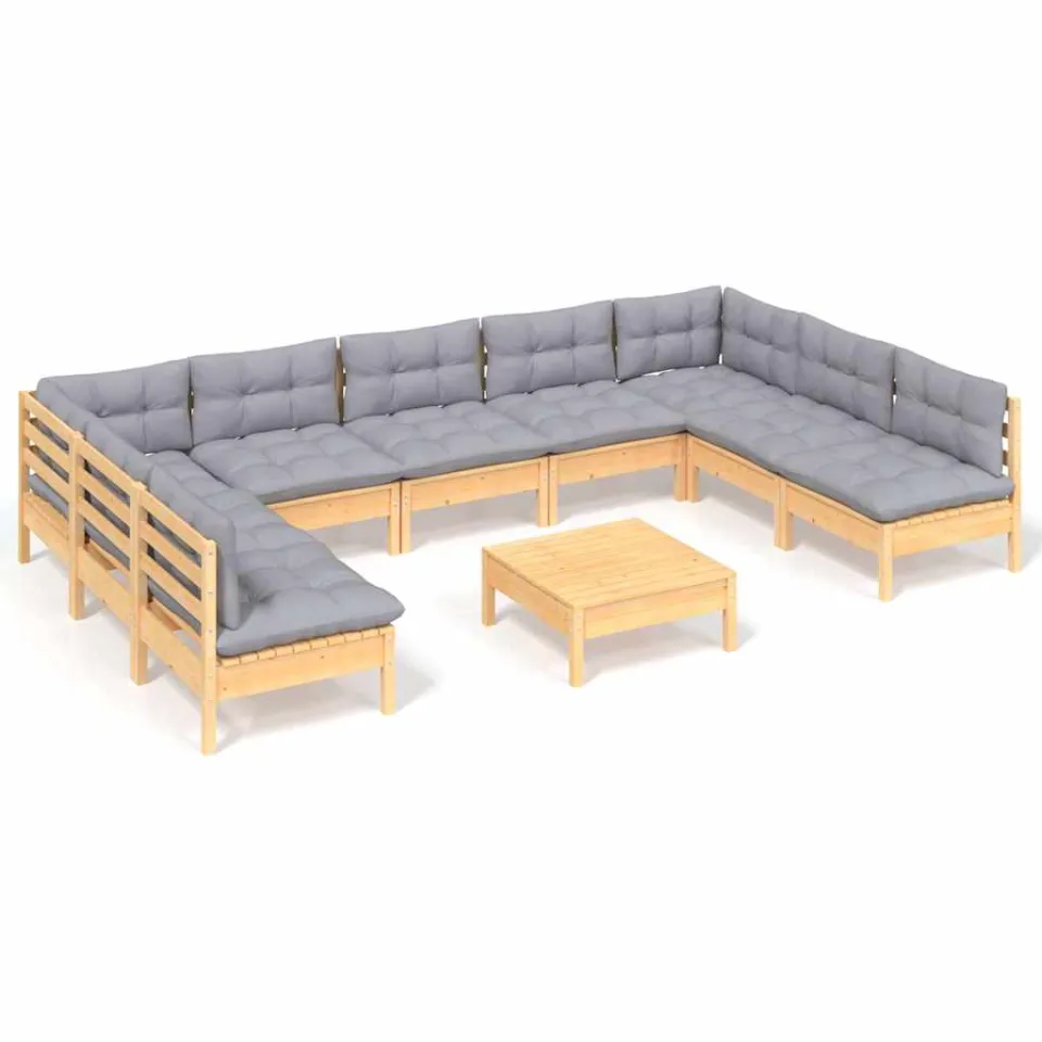 vidaXL 10-delige Loungeset met grijze kussens massief grenenhout Grijs