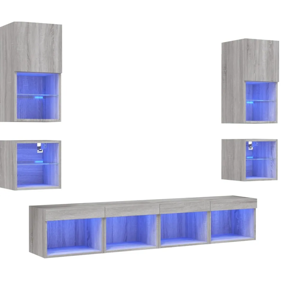 vidaXL 8-delige Tv-wandmeubelset met LED bewerkt hout grijs sonoma