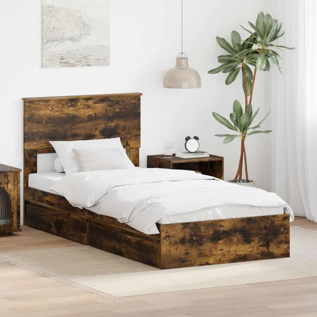 vidaXL Opslag bed met lade Gerookt eiken 90 x 200 cm Bewerkt hout Bruin