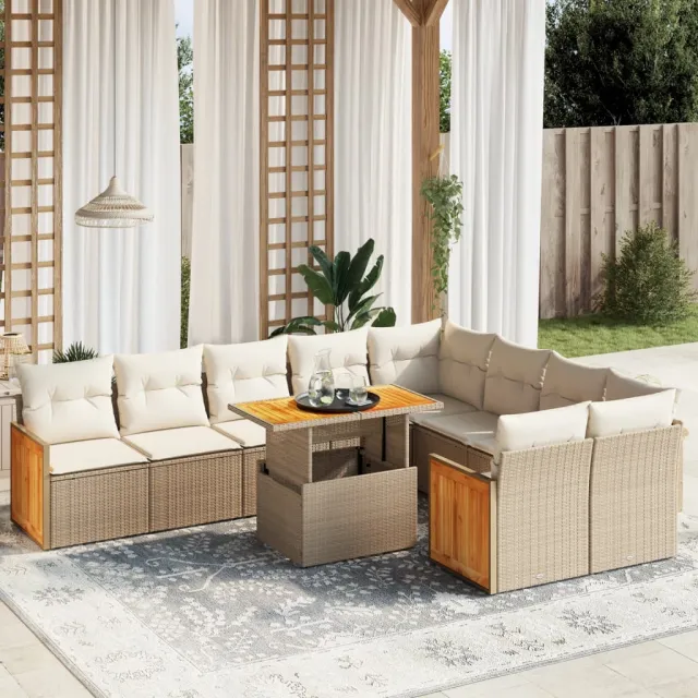 vidaXL 10-delige Loungeset met kussens poly rattan beige, foto 2