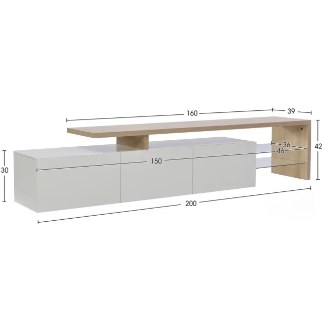 Niamora TV-kast - TV-meubel - TV-lowboard - Mediakast - Modern - 200 cm lang - Opbergruimte - Wit - Glazen planken - houtlook.