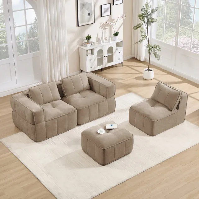 MODENUIT Hoekbank 271 x 162 cm - Modulaire 3-Zits Met Hocker En Diepe Zitting - Woonkamer - Polyester - Zand Sand