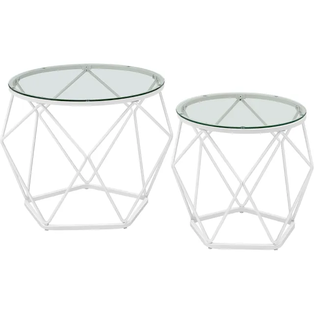Relaxdays Ronde salontafel, 2 stuks, tafelblad van glas, stalen frame Bijzettafel, bankpunt, moderne stijl, voor woonkamer, helder glas en parelwit, home decorcollectie