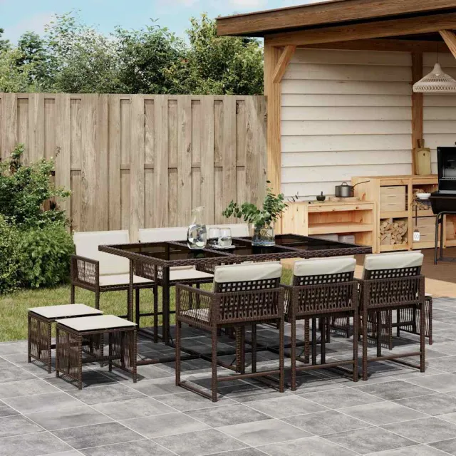vidaXL 11-delige Tuinset met kussens poly rattan bruin