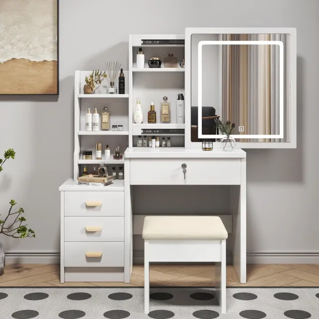 Wishdor Kaptafel - Met Spiegel En Verlichting - Met Kruk - Retro - Slaapkamer - MDF - Wit