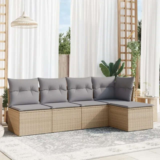 vidaXL 5-delige Loungeset met kussens poly rattan beige, foto 2