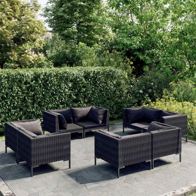 vidaXL 8-delige Loungeset met kussens poly rattan donkergrijs