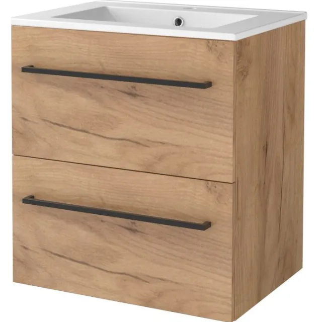 Boss & Wessing Badmeubelset BWS Salt 60x46cm Met Grepen 2 Lades Met Wastafel 1 Kraangat Whisky Oak Bruin