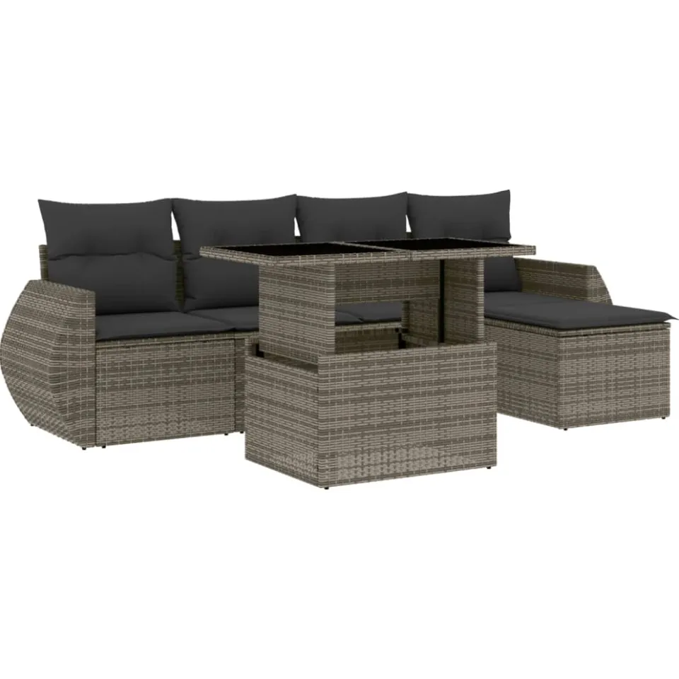 vidaXL 6-delige Loungeset met kussens poly rattan grijs, foto 3