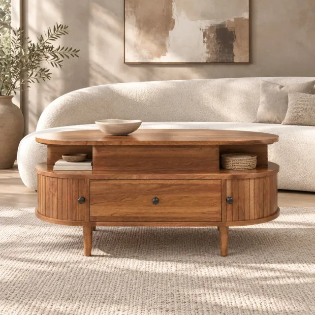 HAUSS SPOLE Salontafel - Ovaal Hefblad Met Verborgen Opbergruimte - Voor Woonkamer En Thuiswerken - MDF En Hout - Walnootkleur - 105x50x60,5 Cm