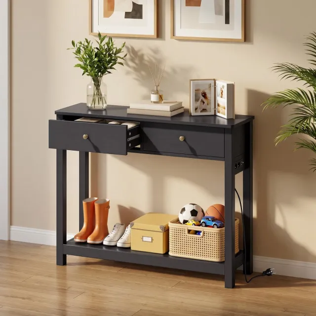 Bealife FS32 Console tafel – Met 2 laden, 2 stopcontacten, USB & Type-C – Waterbestendig – 100×30×80 cm – Zwart houtnerf