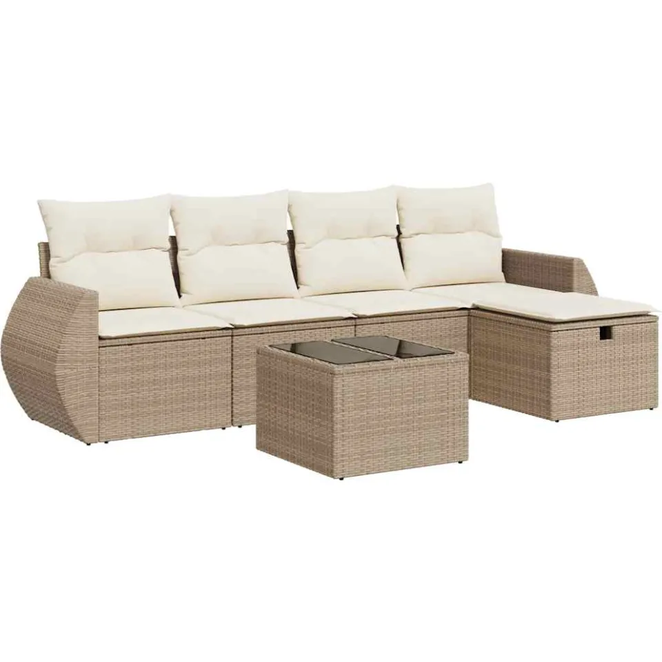 vidaXL 6-delige Loungeset met kussens poly rattan beige, foto 3