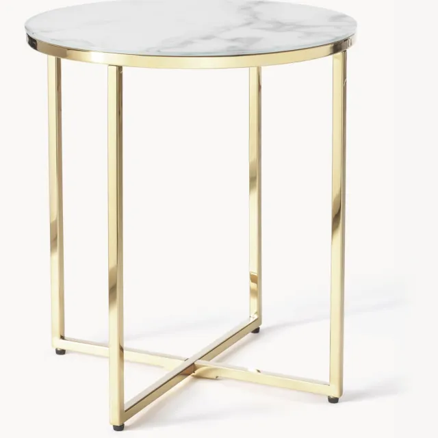 Westwing Collection Ronde bijzettafel Antigua met glazen tafelblad in marmerlook Wit, Goudkleurig