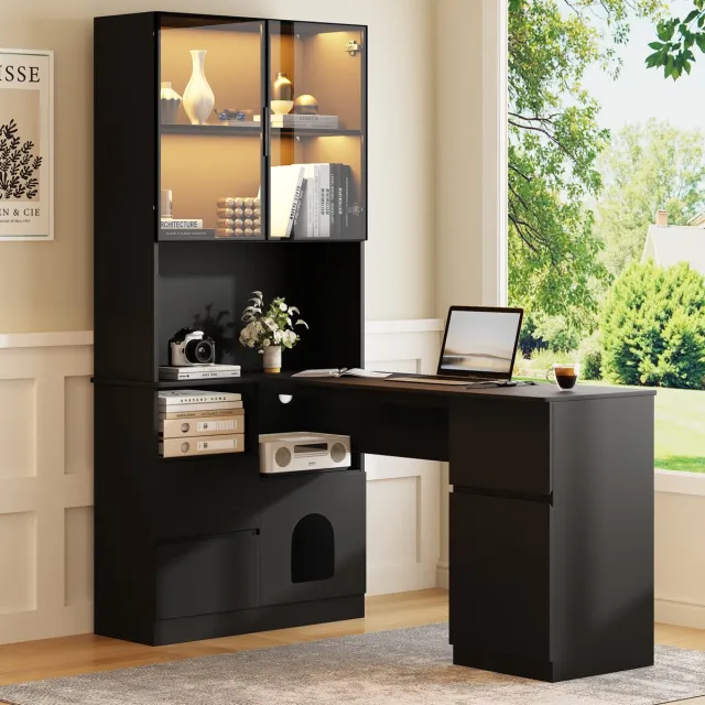 FloraGrace Hoekbureau Met Led Vitrine En Opbergkast - 3 Laden En Kabeldoorvoer - Voor Thuiswerk En Woonkamer - MDF - Zwart - 120 X 80 X 180 Cm