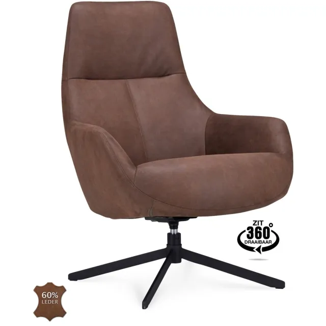 Icon Living Fauteuil Vander Microleder Bull Brown Poot Zwart 360° Draaibaar Bruin