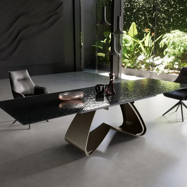 DELIFE Eetkamertafel Edge Glas smelten rokerig zwart 3D-Relief 200-300x100 W-frame effectafwerking Titaan uitschuifbaar