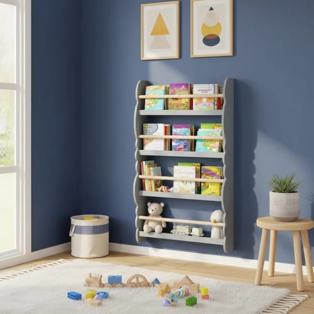 Klarven Kinderboekenplank Wit - 4 planken - Kinderen pakken zelf boeken, Wandmontage, Veilige eco-verf - Open opberging Montessori-stijl - B 60 x D 10 x H 98 cm