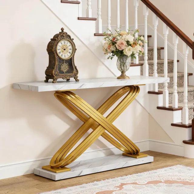 MODFU Sidetable-Metalen-X-Poot-Marmerlook-Goud-Wit