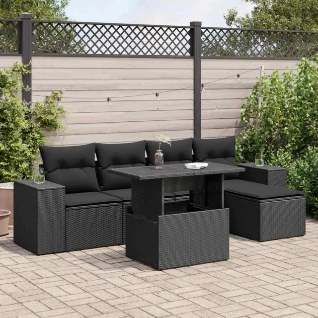 vidaXL 6-delige Loungeset met kussens poly rattan zwart, foto 2