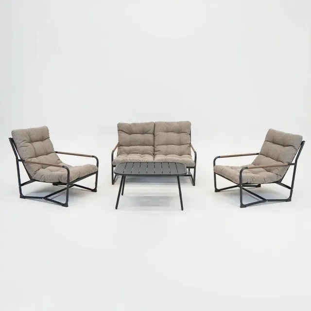 VITA Como loungeset - Optimaal comfort - XL kussens olefin Boucle - complete loungeset met tafel - Textielene zitting - Wood look arm rest - Makkelijke montage - Met tafel en bank Antraciet