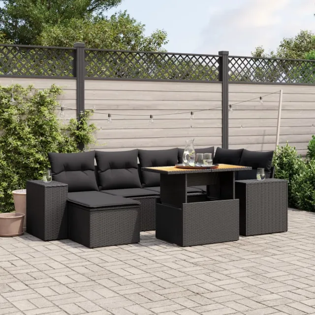 vidaXL 7-delige Loungeset met kussens poly rattan zwart, foto 2