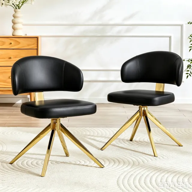 MIVRAY Draaistoel 54 x 50,5 x 77 cm - 360 Graden Draaibaar met Rugleuning - Voor Kantoor en Woonkamer - Metaal en Kunstleer - Zwart en Goud