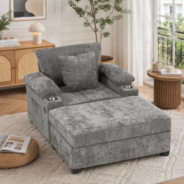 REDOM Relaxfauteuil - Handmatig verstelbare rugleuning - 90° draaibare voetensteun - Bekerhouder en USB-oplaadfunctie - Chenille - Grijs - 98 x 148 x 83 cm
