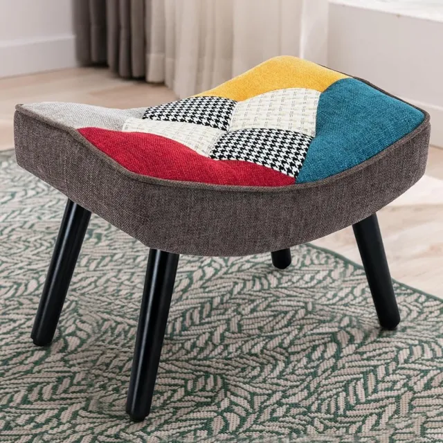 Homemiyn Poef Patchwork – Kleurrijke Voetenbankje Hocker in Klassiek Design – Houten Frame Zitkruk – Vintage Ottoman Poef voor Woonkamer en Slaapkamer color block