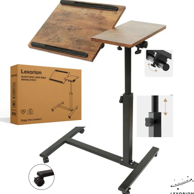 Lexorion Laptoptafel met Wielen – Verstelbare Bedtafel & Bijzettafel – Kantelbaar Tafelblad – Hoogte Verstelbaar – Ergonomisch Ontwerp – Houtkleur Houtlook