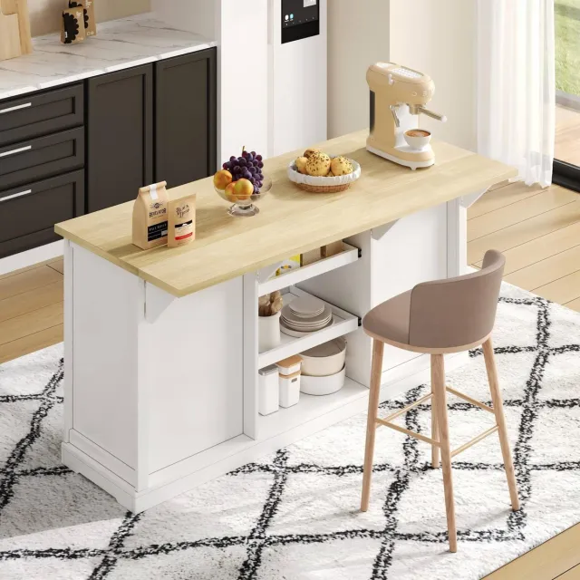 WUVRIE Keukeneiland 150x65x75,5 cm - 5 lades, verlengblad, USB en stopcontacten - Wit/naturel Wit met licht houtkleurig blad